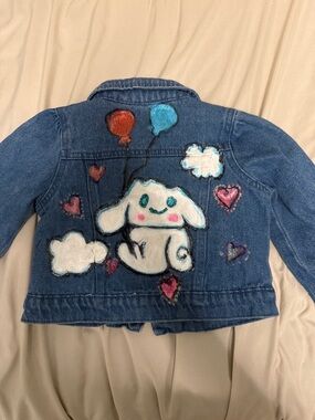Hand-Painted Blue Denim Kids Jacket with Cute Character